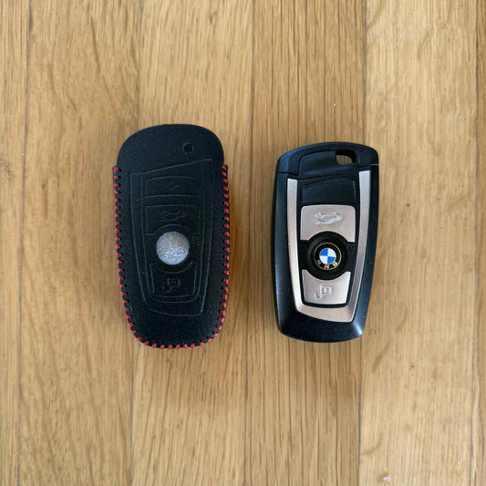 Premium Leather Key Cover for BMW Remote – Black with Red Stitching | Protective Car Key Case