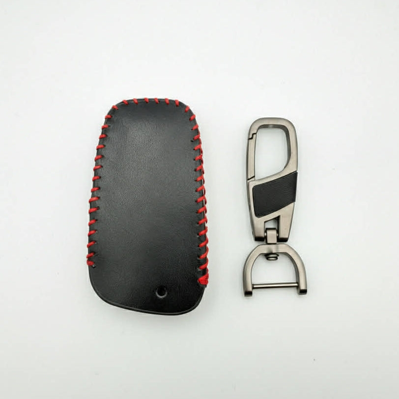 Premium Leather Key Cover for BMW Remote – Black with Red Stitching | Protective Car Key Case