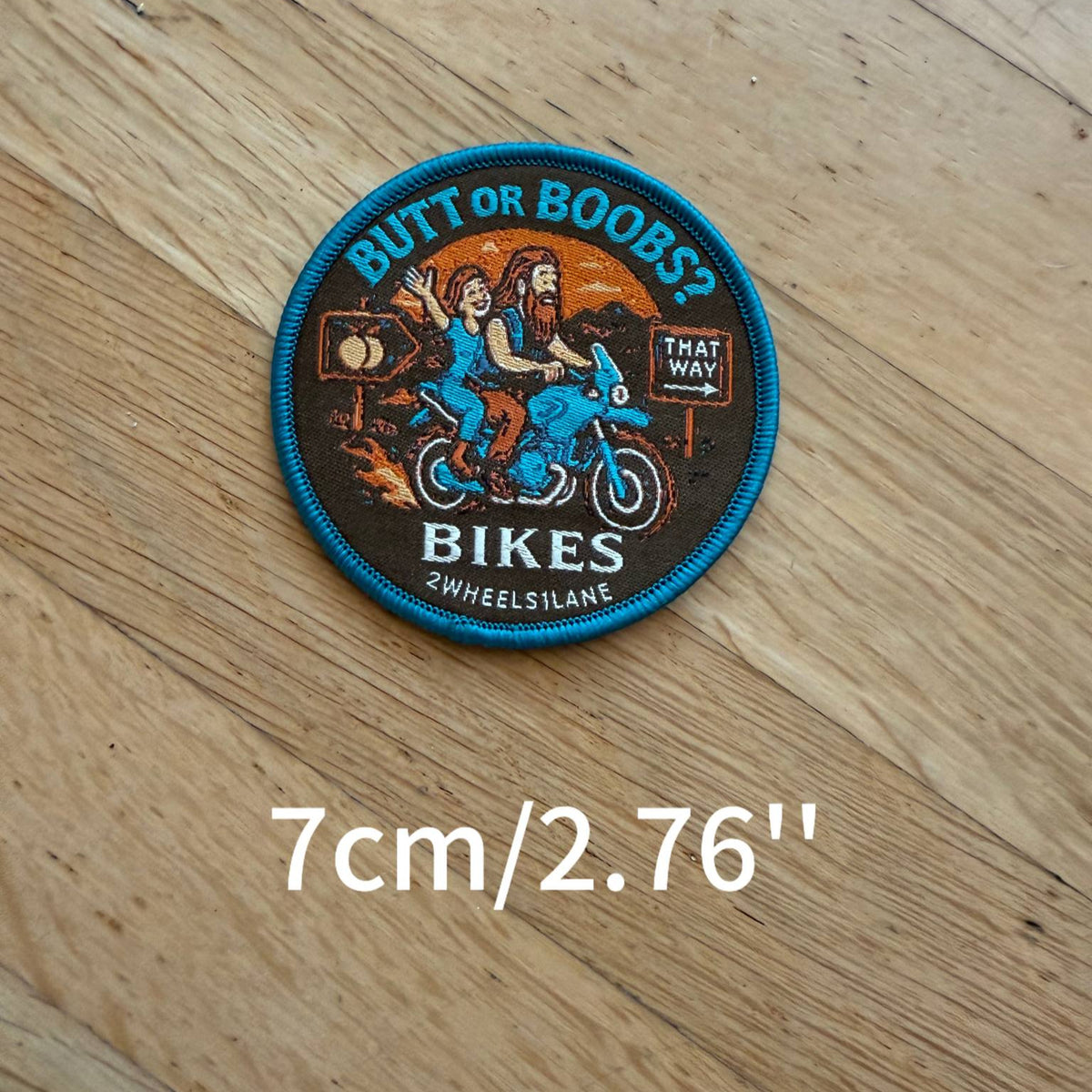 7cm (2.76") "Butt or Boobs?" Motorcycle Patch – Sew-On Biker Badge for BMW GS & Adventure Riders