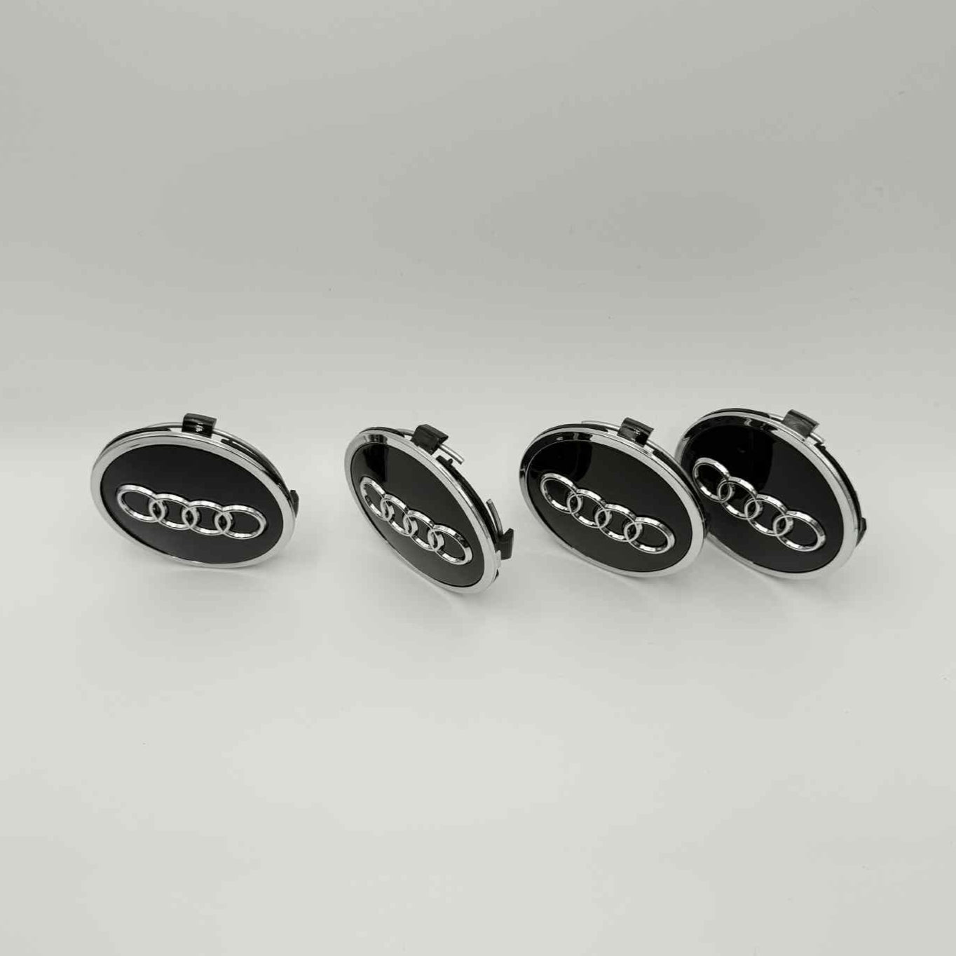 4pcs Audi Wheel Center Caps 61mm / 2.40" – Black with Chrome Rings