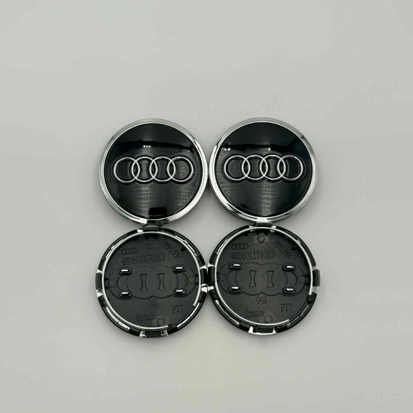 4pcs Audi Wheel Center Caps 61mm / 2.40" – Black with Chrome Rings
