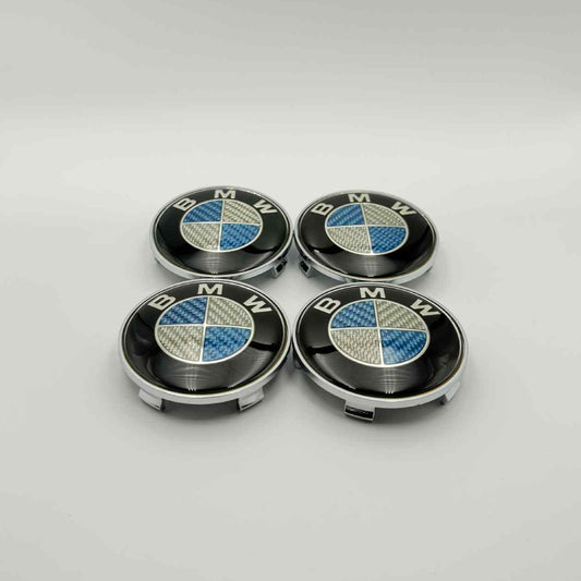 Custom Carbon Fiber Finish, 4pcs 68mm (2.68") BMW Wheel Center Caps – Blue and White