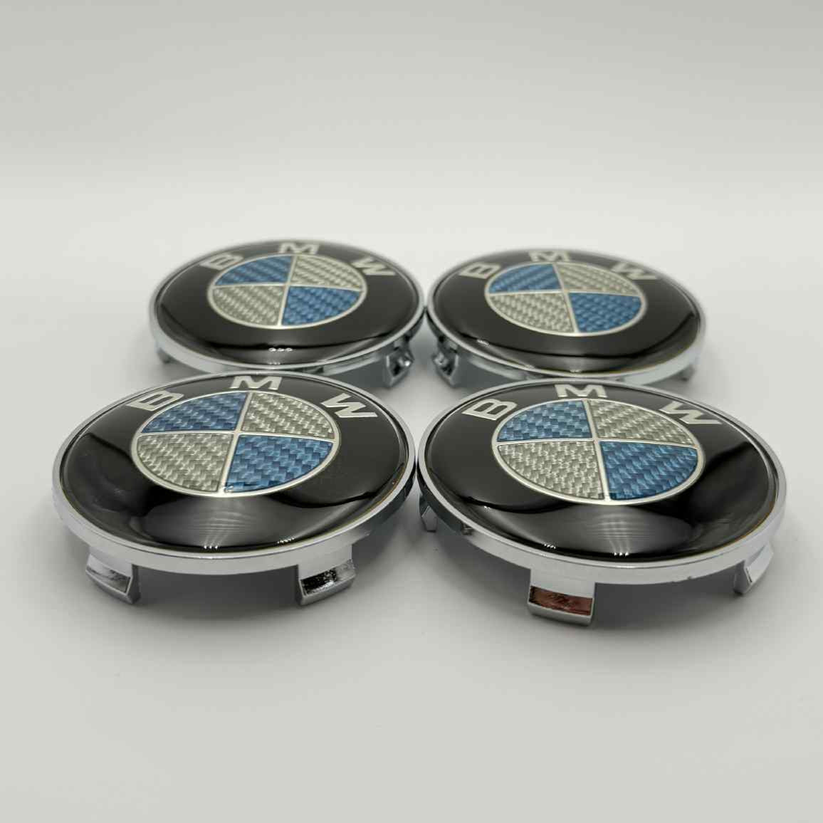 Custom Carbon Fiber Finish, 4pcs 68mm (2.68") BMW Wheel Center Caps – Blue and White