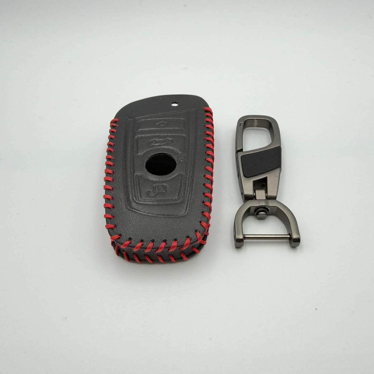 Premium Leather Key Cover for BMW Remote – Black with Red Stitching | Protective Car Key Case