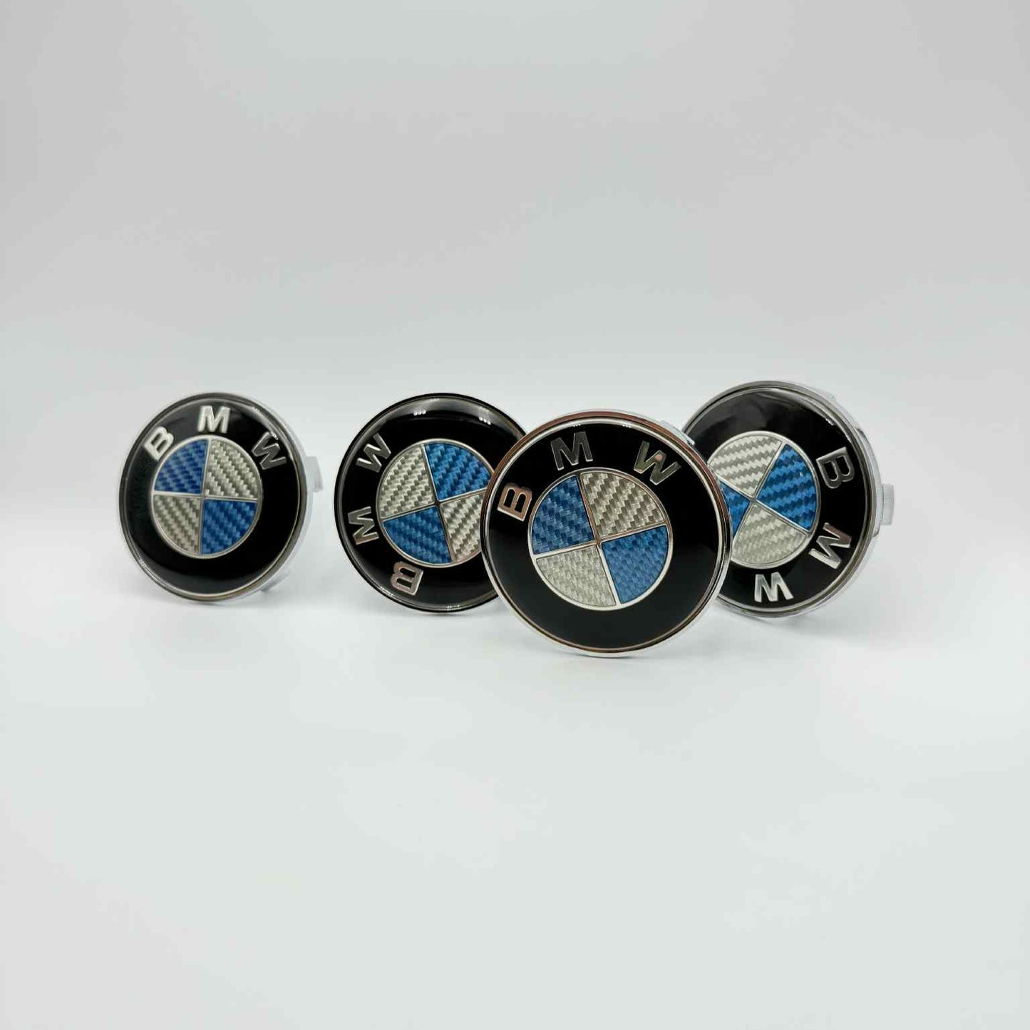 Custom Carbon Fiber Finish, 4pcs 68mm (2.68") BMW Wheel Center Caps – Blue and White