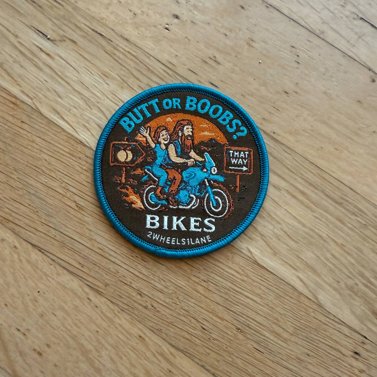 7cm (2.76") "Butt or Boobs?" Motorcycle Patch – Sew-On Biker Badge for BMW GS & Adventure Riders
