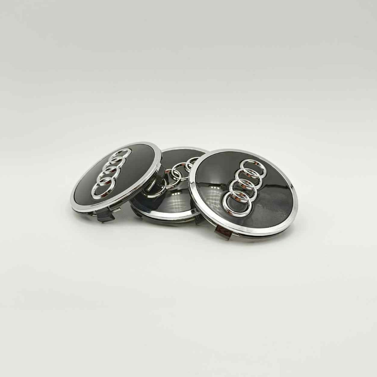 4pcs Audi Wheel Center Caps 61mm / 2.40" – Black with Chrome Rings