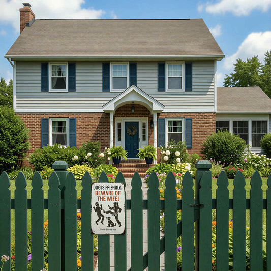 Dog Is Friendly Beware of the Wife Metal Sign – Funny Biker Garage Wall Decor 30x20cm