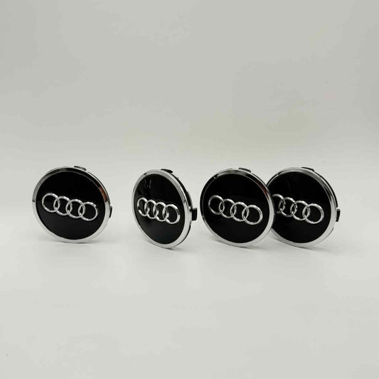 4pcs Audi Wheel Center Caps 61mm / 2.40" – Black with Chrome Rings