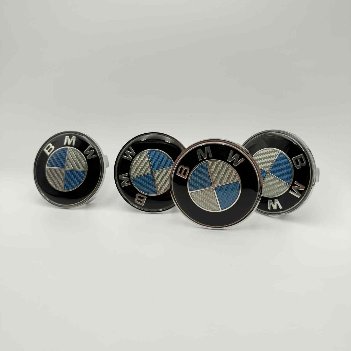 Custom Carbon Fiber Finish, 4pcs 68mm (2.68") BMW Wheel Center Caps – Blue and White