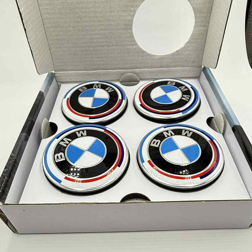 4x 68mm (2.68") BMW Floating Wheel Center Caps – 50th Anniversary