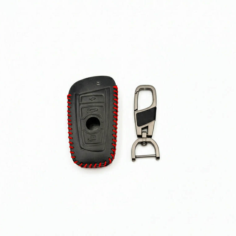 Premium Leather Key Cover for BMW Remote – Black with Red Stitching | Protective Car Key Case