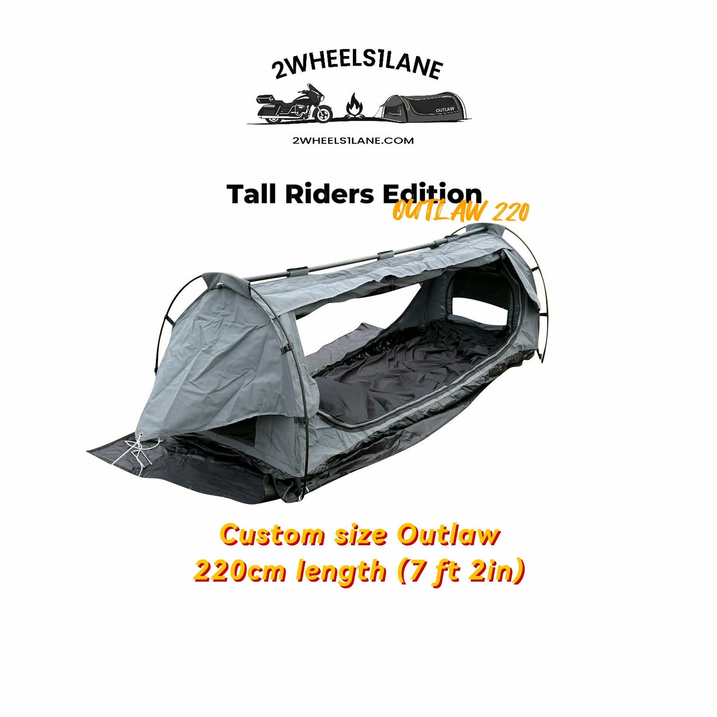 2Wheels1Lane (Tall Riders Edition) Outlaw 220 Motorcycle Camping Tent – Extra Long Waterproof Moto Tent for Tall Riders