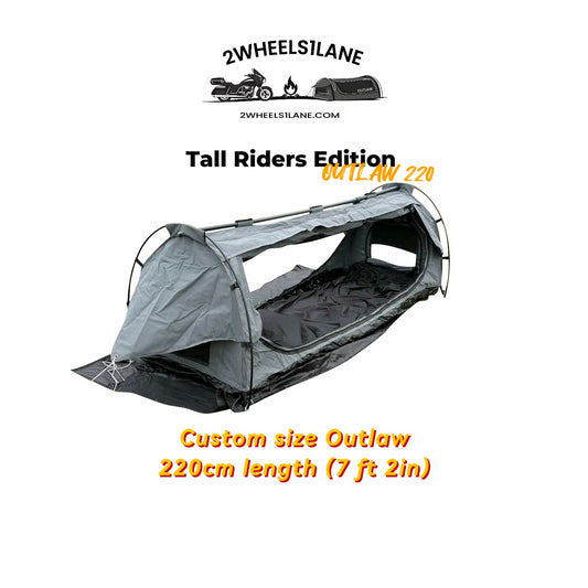 2Wheels1Lane (Tall Riders Edition) Outlaw 220 Motorcycle Camping Tent – Extra Long Waterproof Moto Tent for Tall Riders