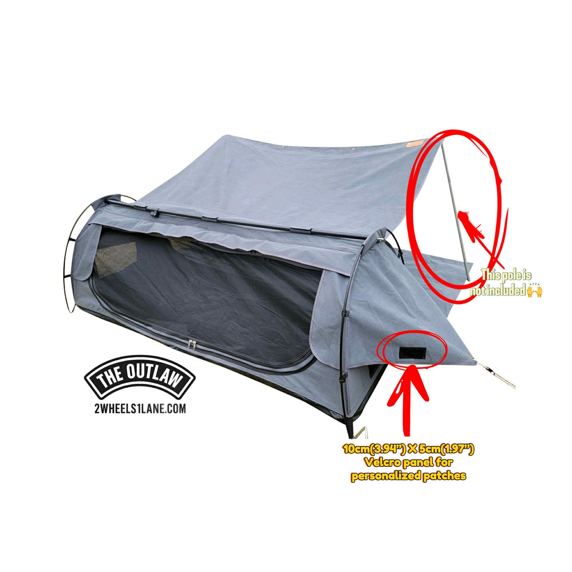 Gray camping tent with Velcro patches on a white background, featuring The Outlaw 2Wheelslaine.com branding.