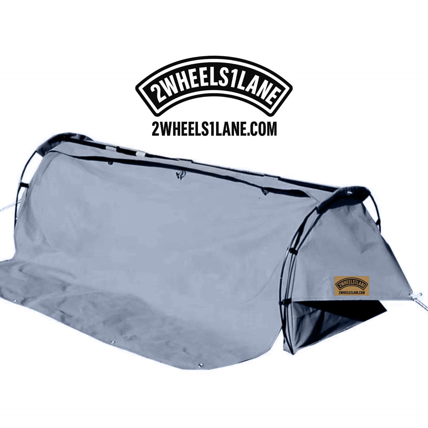 Gray Motorcycle camping tent with 2Wheels1Lane logo on a white background