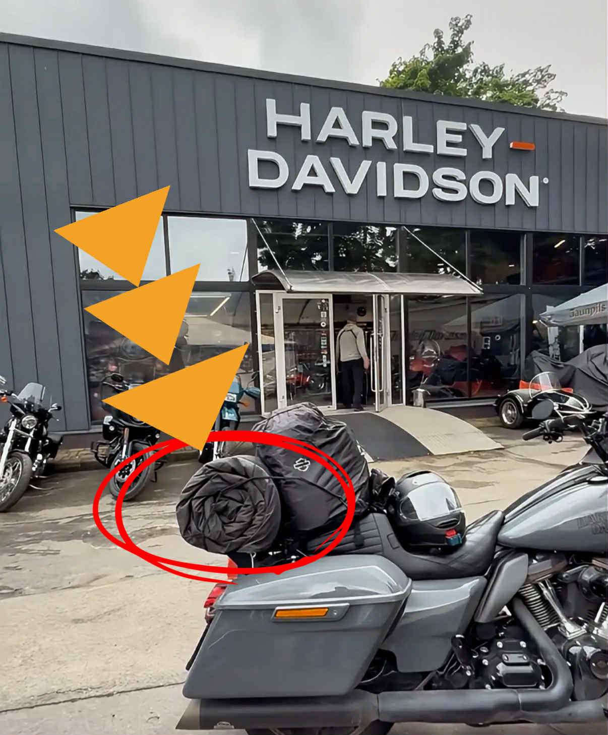 Motorcycle with luggage at a Harley Davidson dealership