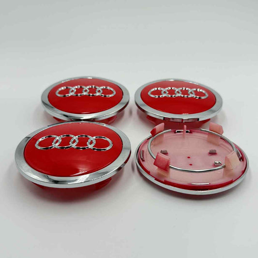 4pcs Audi Wheel Center Caps 69mm / 2.72" – Red with Chrome Rings