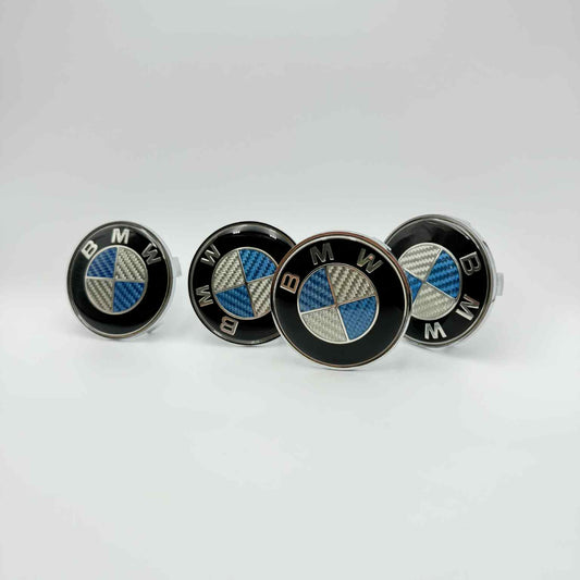 Custom Carbon Fiber Finish, 4pcs 68mm (2.68") BMW Wheel Center Caps – Blue and White