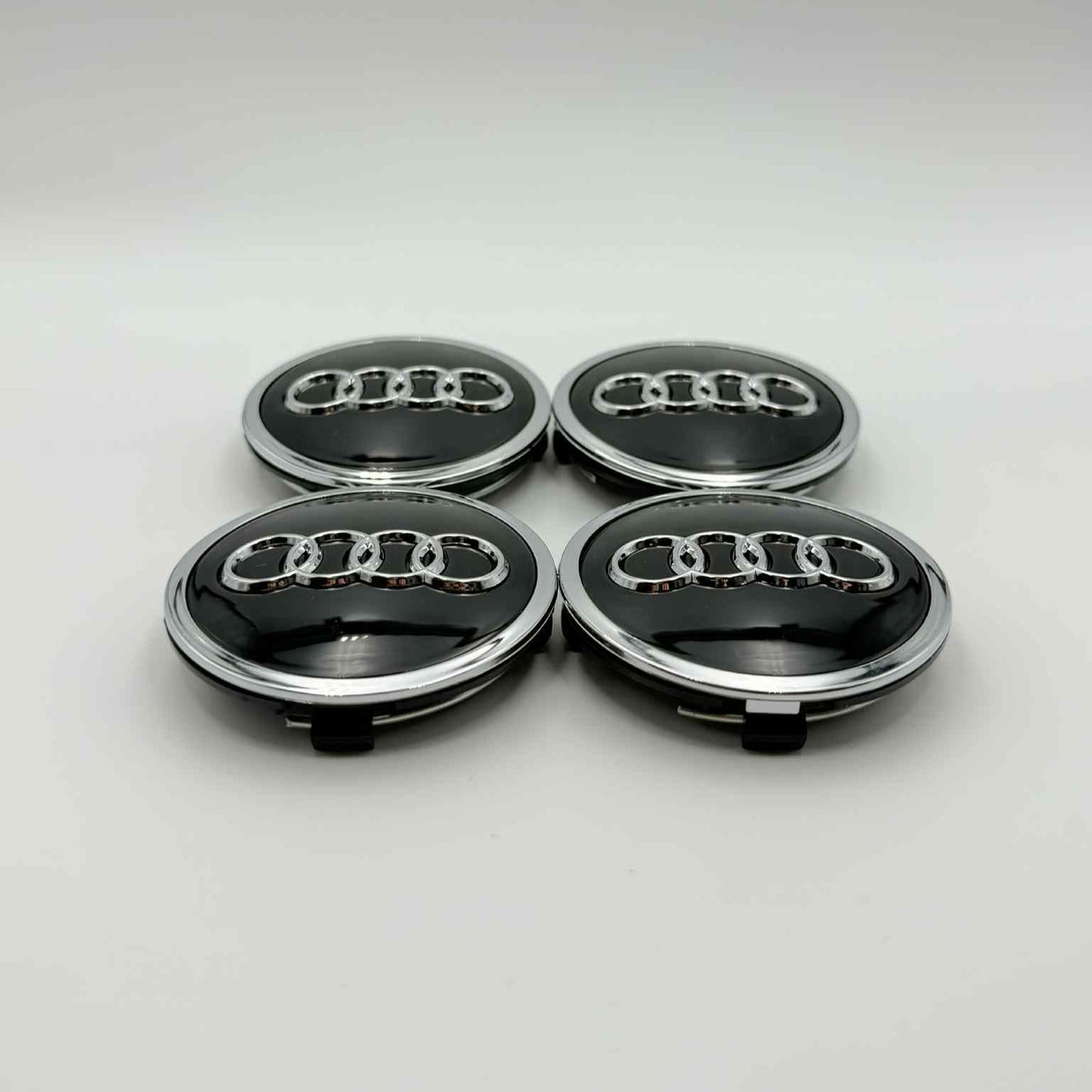 4pcs Audi Wheel Center Caps 61mm / 2.40" – Black with Chrome Rings