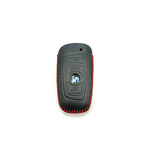 Premium Leather Key Cover for BMW Remote – Black with Red Stitching | Protective Car Key Case