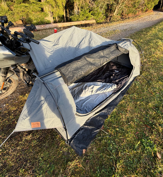 The Outlaw motorcycle camping tent by 2Wheels1Lane, waterproof solo tent for motorcycle camping